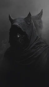 Hooded horned wraiths in dark misty monochrome scene.