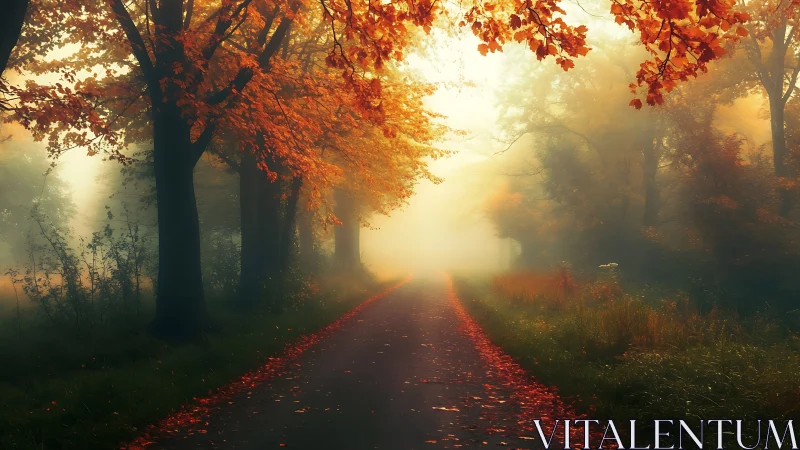 Foggy forest road bordered by autumn trees and foliage.