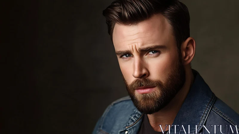 Bearded male portrait in denim jacket against dark backdrop.