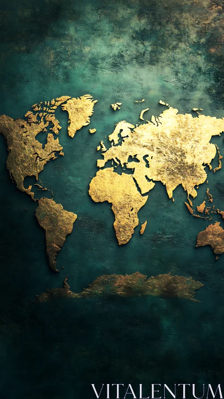 Gilded world map glows over deep teal oceans of texture.