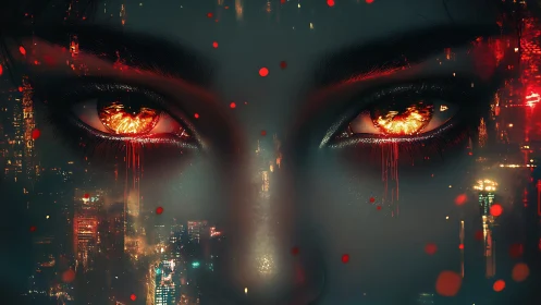 Burning cybernetic eyes over neon futuristic cityscape.