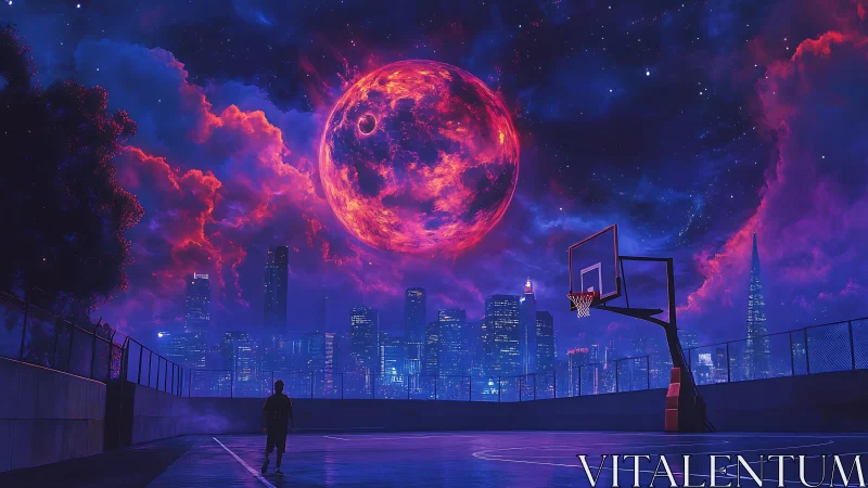 Neon lunar eclipse above urban rooftop basketball court at dusk