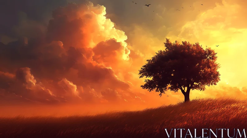 Lone deciduous tree on windblown field at dramatic sunset sky