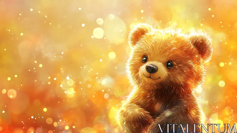 Digital illustration of young brown bear with bokeh background.
