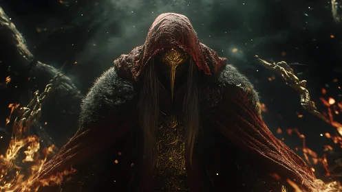 Hooded armored figure stands amid flames and drifting embers
