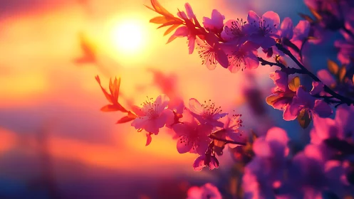 Sunlit cherry blossoms glowing in dreamy evening color.