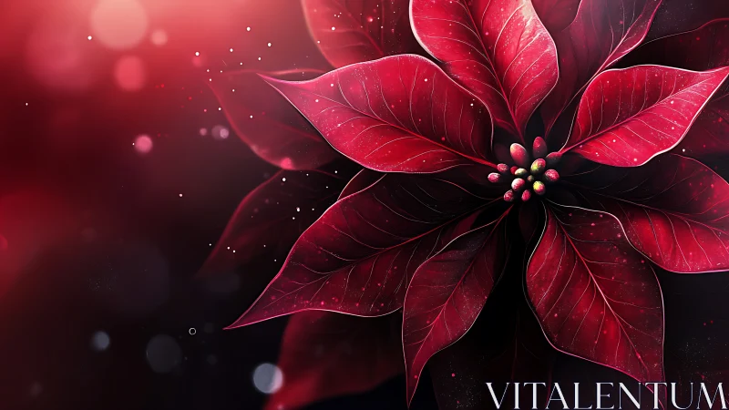 Crimson poinsettia quietly spins a galaxy of winter light
