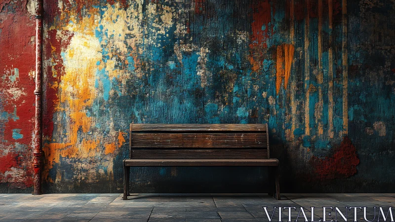 Lonely wooden bench listens quietly to the wall’s loud colors
