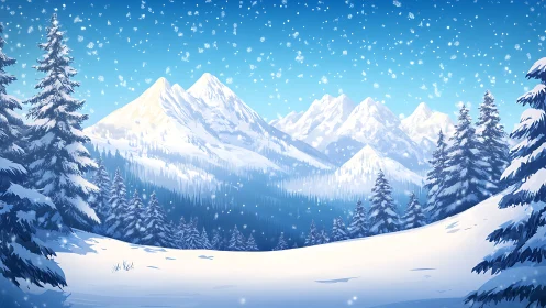 Snow-covered conifer forest stands before distant alpine peaks