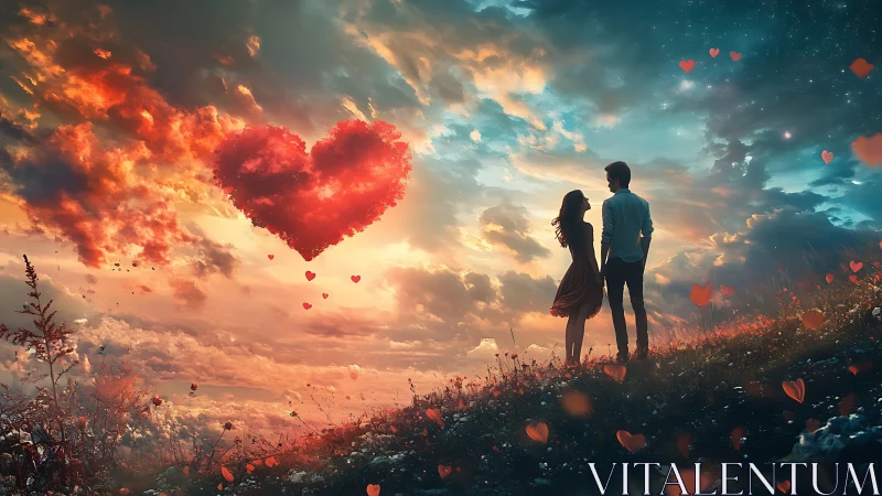 Dual Figures Contemplating Celestial Heart Formation Through Dreamscape.