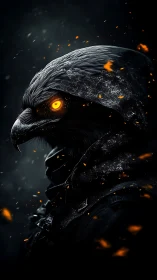 Hooded black bird warrior with glowing orange eye profile