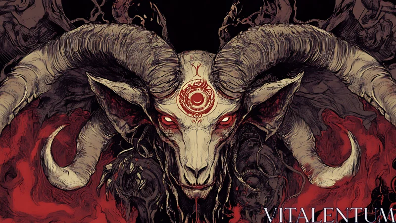 Horned demonic ram portrait with sigil and high-contrast linework