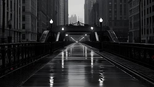 Quiet city bridge glowing after gentle evening rain.