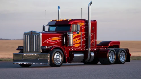 Aerodynamic custom semi truck with flame livery at dusk.