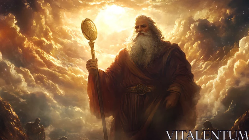 Elderly robed figure with staff amid glowing storm clouds.