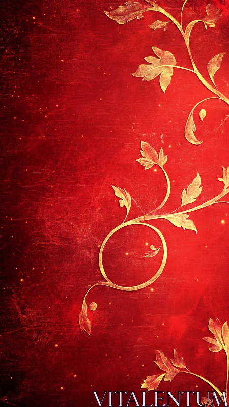 Golden floral vines swirl across a rich red backdrop