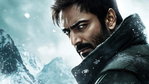 Intense bearded man in snowbound mountain landscape portrait.