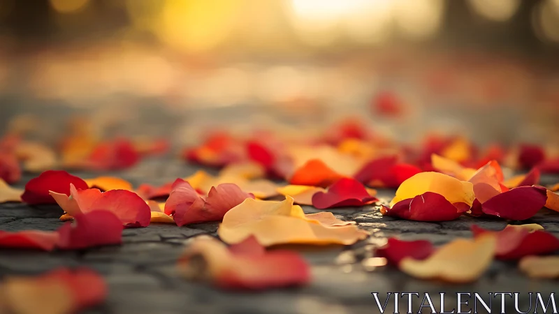Shallow-focus rose petals on cobblestone ground at sunset