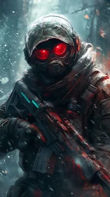 Mysterious winter soldier with glowing red mask and rifle.
