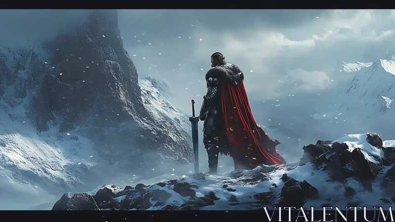 Armored warrior surveys glacial mountain range in cinematic view