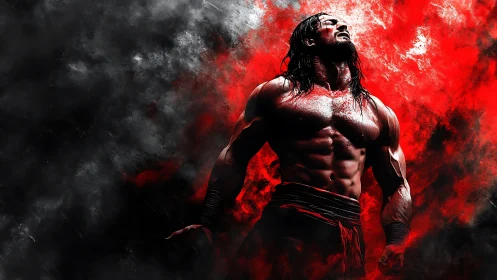 Muscular male figure stands against red and black smoke