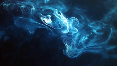 Blue light trails form swirling smoke like abstract shapes