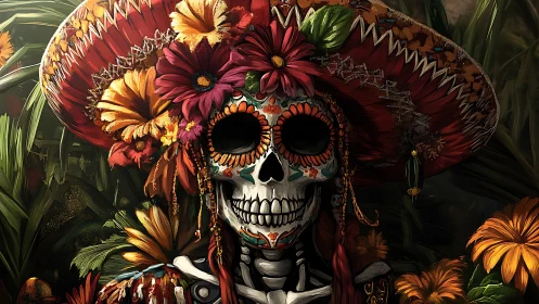 Day of the Dead skeleton glows beneath lush floral hat.