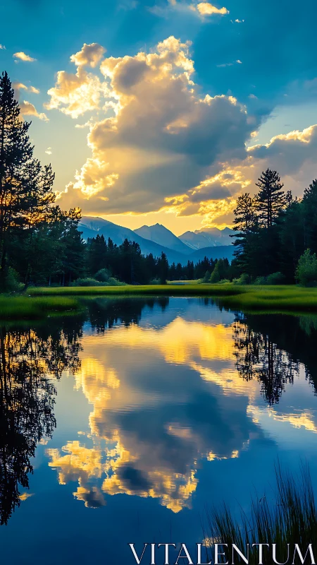 Clouds and treeline are reflected across a still mountain lake