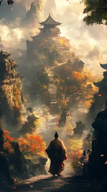 Monk observes tiered mountain temples through autumn haze
