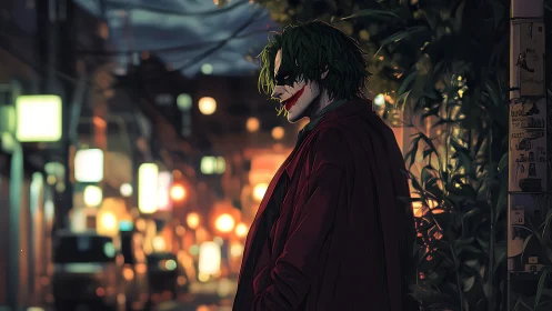 Masked man with smeared makeup walks through neon alley at night