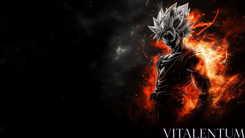 Fiery anime warrior silhouette ignites dark cosmic void.