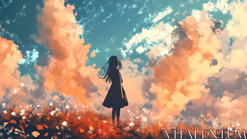 Anime skyscape with silhouetted figure and luminous cloud field.