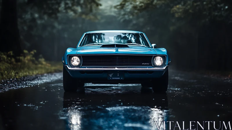 Blue classic muscle car stands on wet forest road at dusk