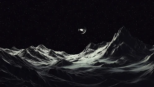Monochrome extraterrestrial mountain terrain under a star field