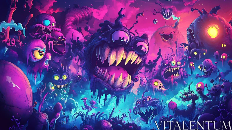 Neon monster landscape with distorted teeth and melting forms.