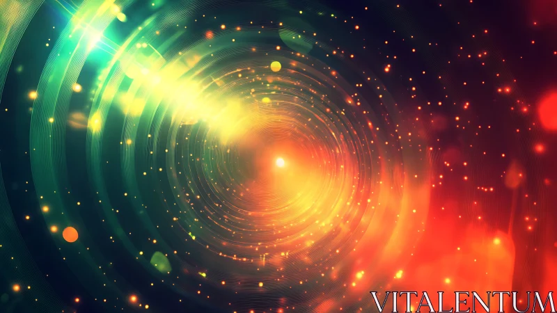 Radial light tunnel with concentric rings and glowing particles.