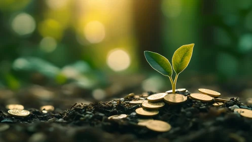 Young plant grows from soil containing scattered gold coins