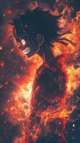 Flaming anime hero profile in vertical inferno composition.