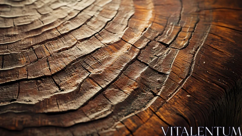 Close-up of tree rings on aged wood in warm natural lighting.