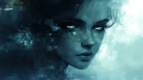 Ethereal teal portrait dissolving into abstract mist.