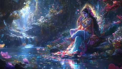 Divine maiden meditates by a sparkling enchanted forest pool