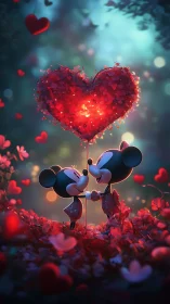 Two cartoon figures holding glowing red heart particle effect