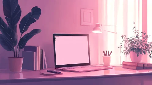 Sunlit pink workspace frames a minimalist laptop scene.