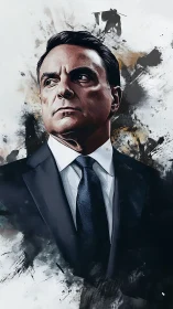 Male figure in suit before abstract textured backdrop.