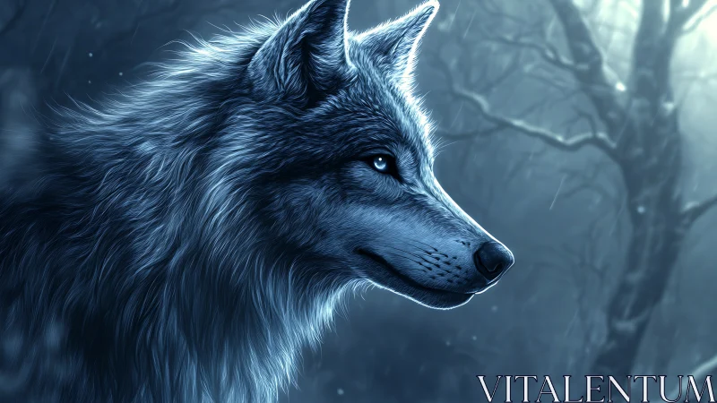 Luminous silver wolf profile in rain-soaked moonlit forest.