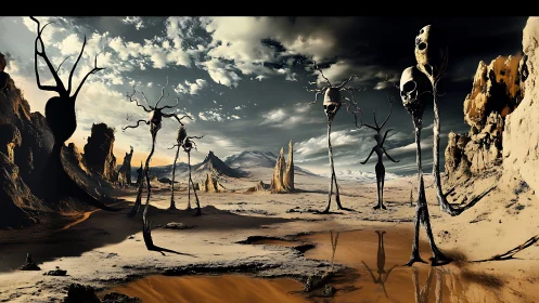Desolate skeletal desert with towering surreal effigies.