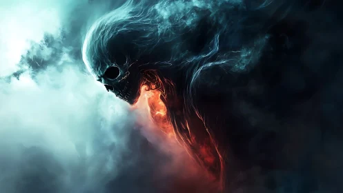 Ghostly flaming skull drifting through swirling storm clouds.