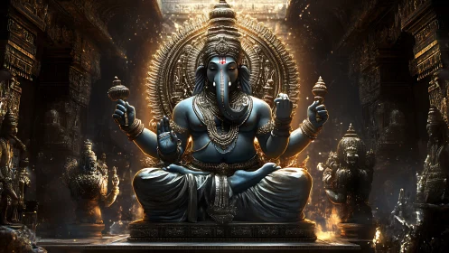 Blue four-armed deity statue sits in ornate golden temple