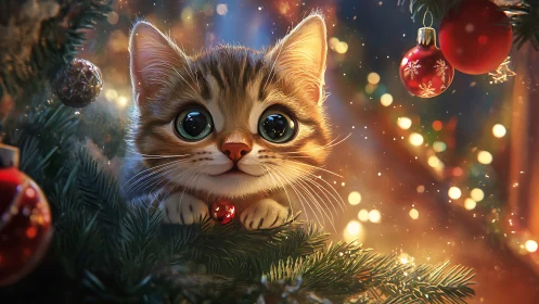 Wide eyed Christmas kitten glows amid sparkling tree lights