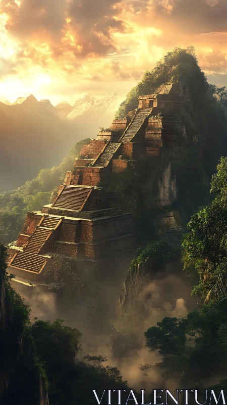 Stepped stone pyramid structure rises from dense forested canyon